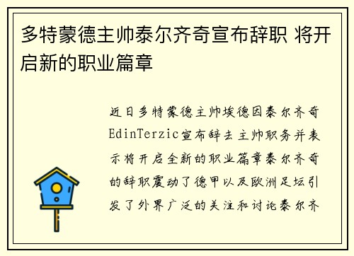 多特蒙德主帅泰尔齐奇宣布辞职 将开启新的职业篇章