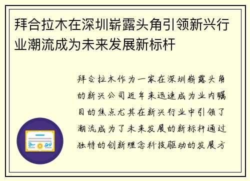 拜合拉木在深圳崭露头角引领新兴行业潮流成为未来发展新标杆